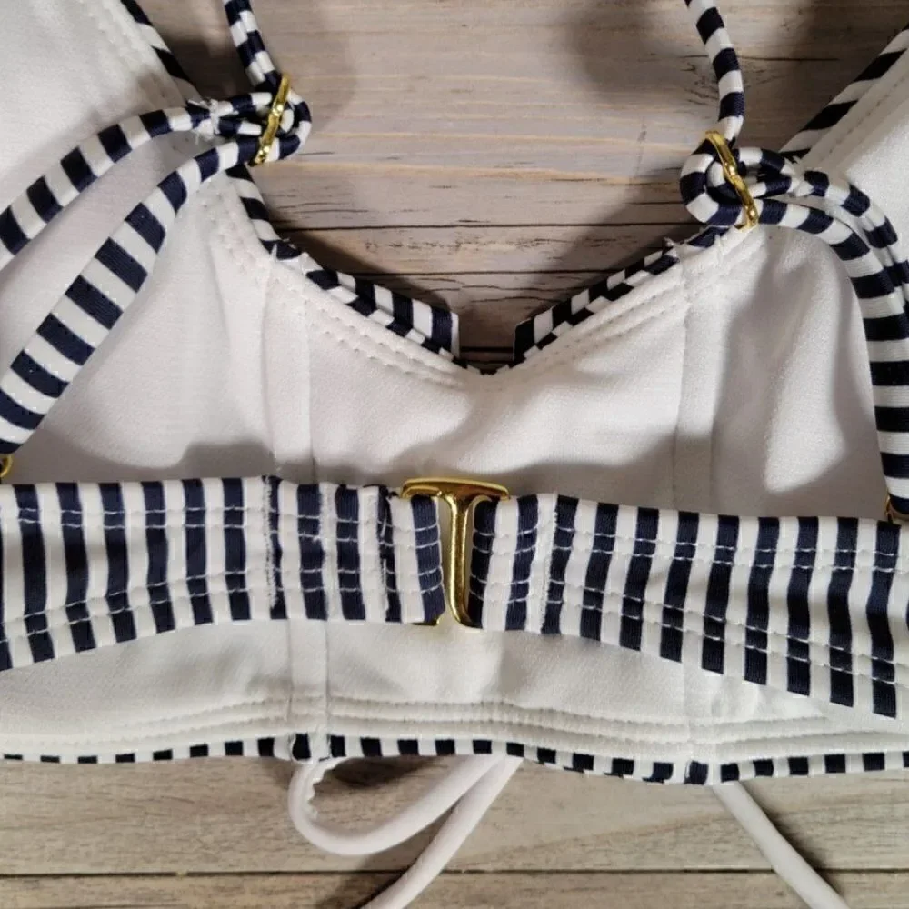 Xhilaration Juniors' Lace-up Front Blue Stripe Bikini Top Sz M